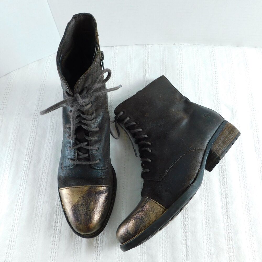 Born Brown Boots Leather Ankle Booties Size 7 Zip Lace-Up Distressed Genuine GUC